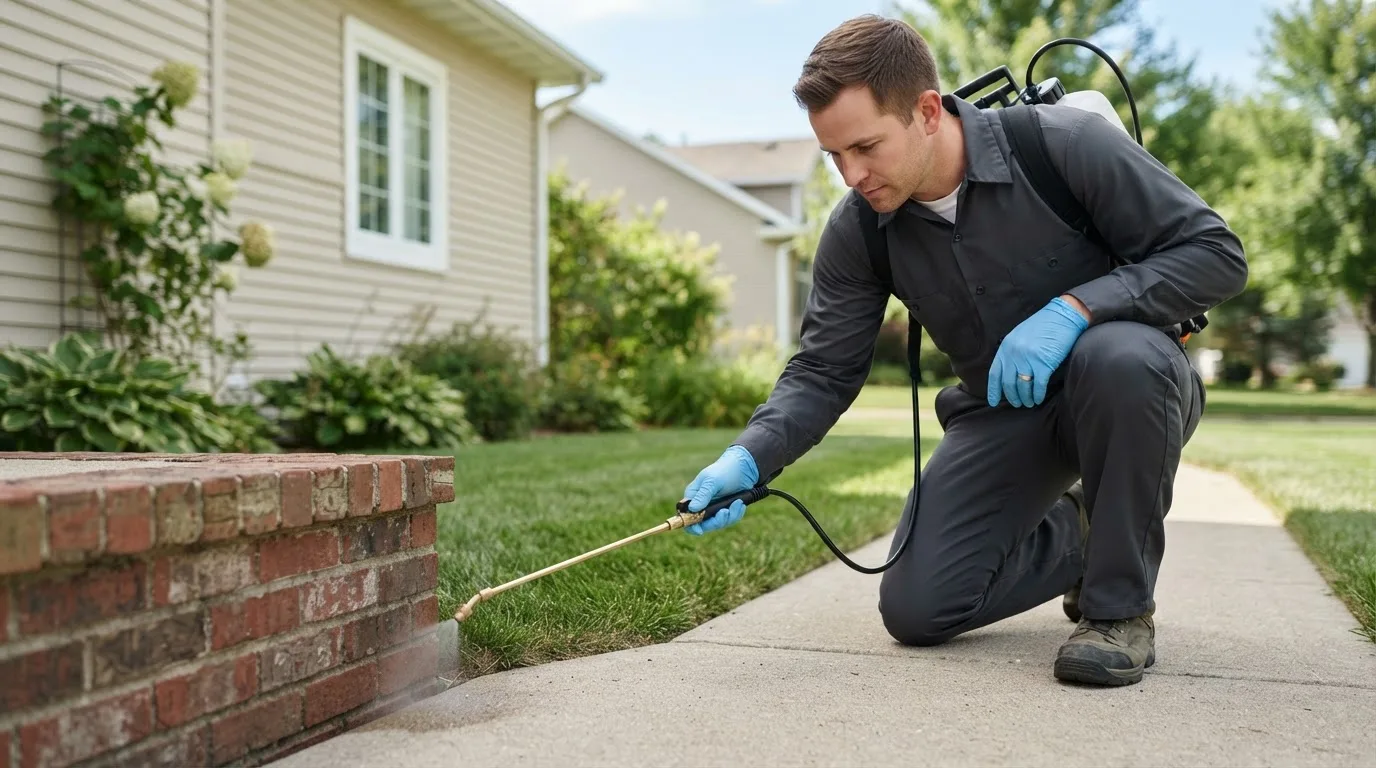 Pest control technician treating a home near Burlington, NC